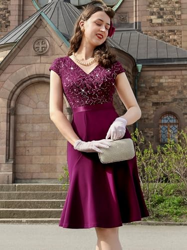 Image of Miusol Women's Elegant V Neck Sequin Glitter Lace Ruffle Style Cocktail Prom Dress