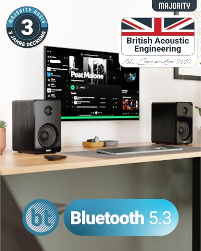MAJORITY D40 Bluetooth Lautsprecher Boxen | 60W 2.0 Aktivlautsprecher | Studio Monitor mit 4"-Treiber | Regallautsprecher für HiFi Stereo mit Optischer, RCA-, USB- und AUX-Eingang | Fernbedienung – Bild 4