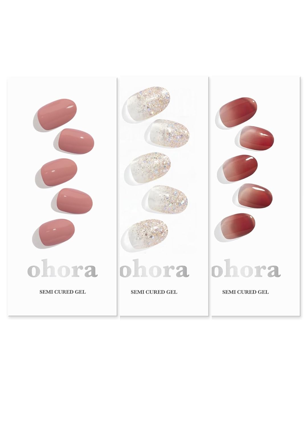 ohora Semi Cured Gel Nail Set of 3 (N Ash Pink & N Sparkle Glam & N Fig Jam) - Professional Salon-Quality Nail Care