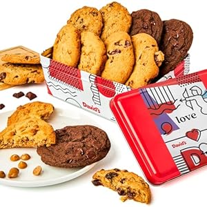 David’s Fresh Baked Assorted Cookies Sweet Sampler in Love Tin 8 Count – Chocolate Chunk, Peanut Butter Chip, Double Chocolate Chunk & Oatmeal Raisin Flavor, Delicious Gourmet Gift For All Occasions