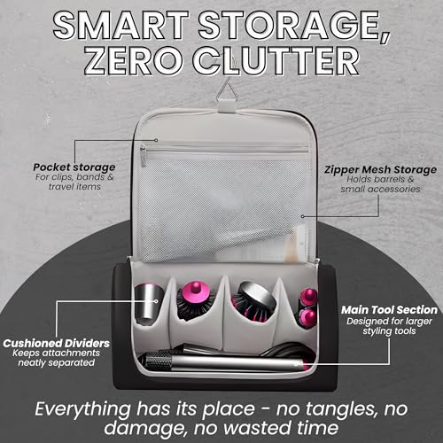 Image of OCEANEVO Travel Pouch for Airwrap Styler WITH Makeup Sponge, Storage Organiser Bag for Airwrap Attachments with Hanging Hook (Bag Only) - 31 x 14 x 16 Cm - Black - 1 Year Warranty