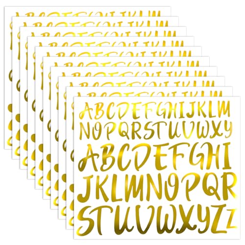 10 Sheets Gold Letter Stickers, Self Adhesive Vinyl Alphabet Stickers, Glitter Waterproof Decals for DIY Crafts, Classroom Decor, Mailbox, Party Supplies (Gold, 1'' and 2'')