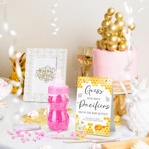 Image of Roowest 512 Pcs Baby Shower Games Guess How Many Pacifiers Sign 100 Small Guessing Games 10 HB Pencils 750ml Milk Bottle 400 Acrylic Pacifiers Decoration for Guest Gender Reveal(Pink,Bee)