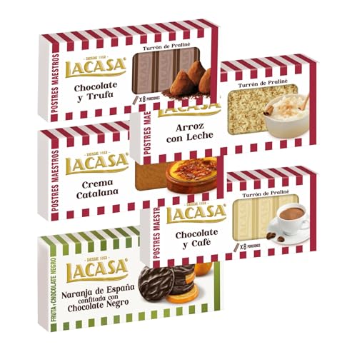 Pack Surtido 5 Turrones Lacasa:Naranja de España Confitada con Chocolate Negro, Arroz con Leche, Chocolate y Café, Cacao y Trufa, Crema Catalana