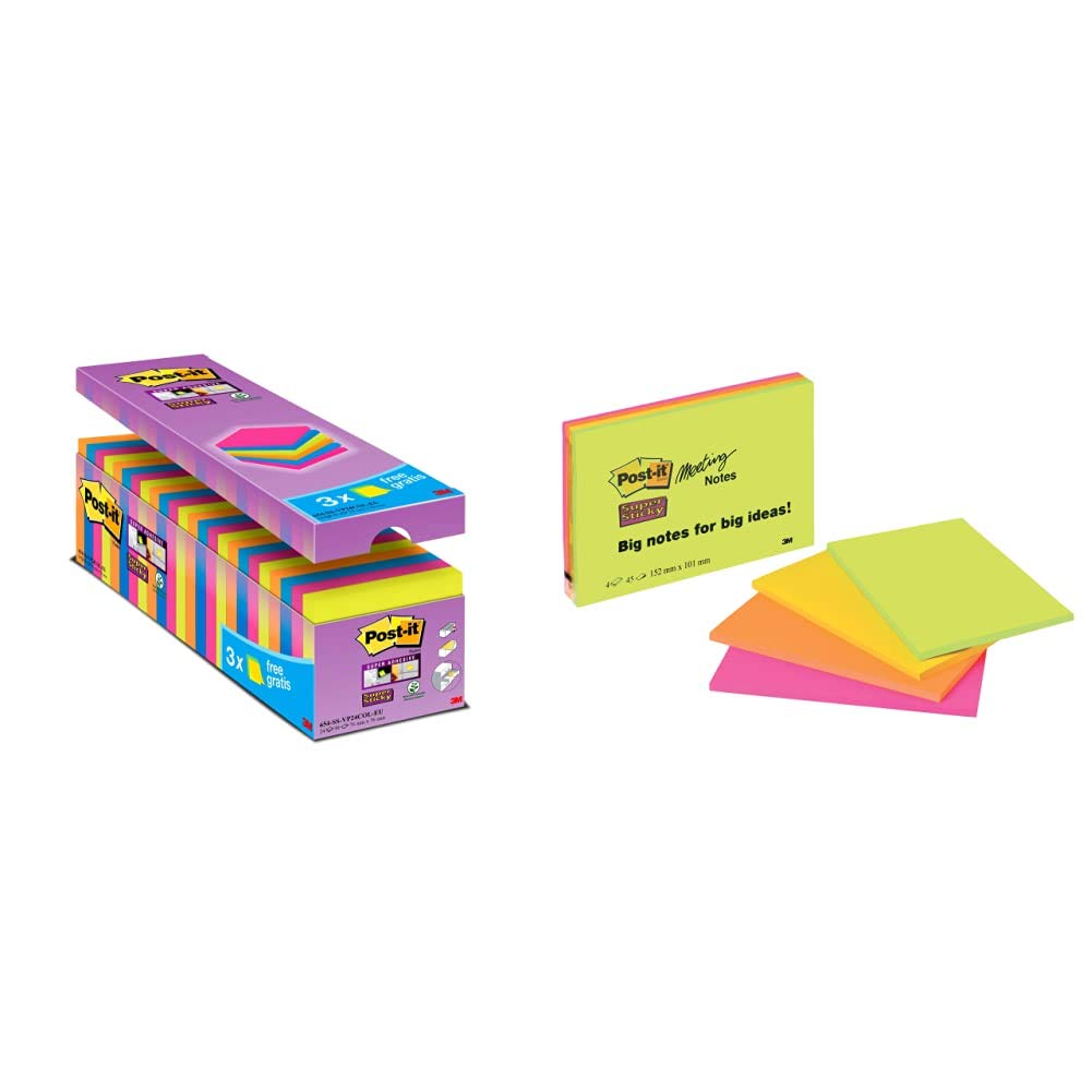 Post-it "Super Sticky Notes Promotion" selbstklebende Haftnotizzettel in 76 x 76 mm & Post-it Super Sticky Meeting Notes 6445-4SS – Selbstklebende Haftnotizzettel in 152 x 101 mm