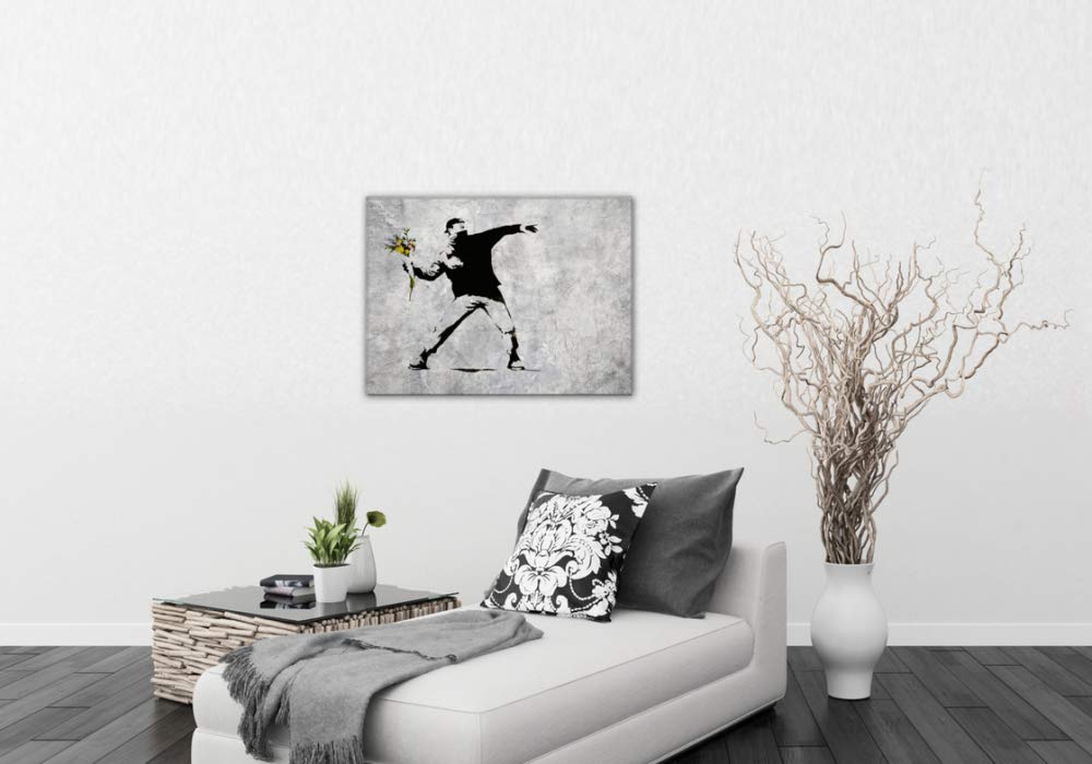 1art1 Banksy Poster Stampa Artistica su Tela Il Lanciatore di Fiori, Graffiti Arte di Strada Quadro da Parete sulla Barella | Murale XXL | Immagine 80x60 cm
