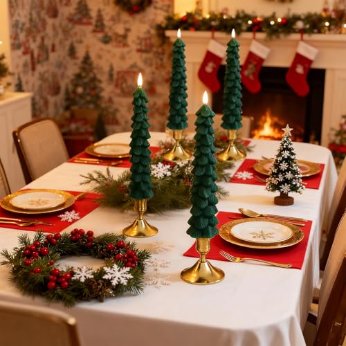 Image of Lezonic 6Pcs Flameless Christmas Tree Candles with Remote Timer, LED Taper Candles Battery Operated Flickering Flame, 10 Inches Green Real Wax Window Candlesticks for New Year Xmas Decorations
