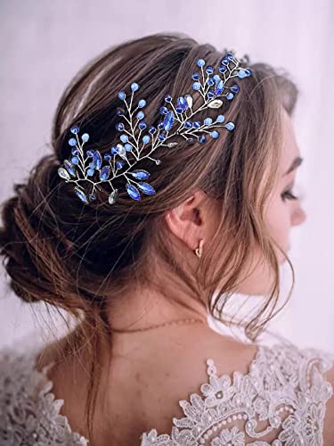 IYOU Bridal Wedding Hair Vine Blue Crystal Hair Piece Beads Headband Bride Bridesmaid Hair Accessories for Women