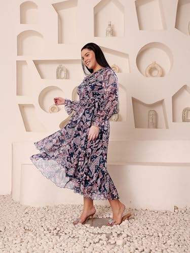 Image of Miss Chase A+ Women's Floral Wrap Chiffon Maxi Dress with Flutter Sleeves Frilled Hem