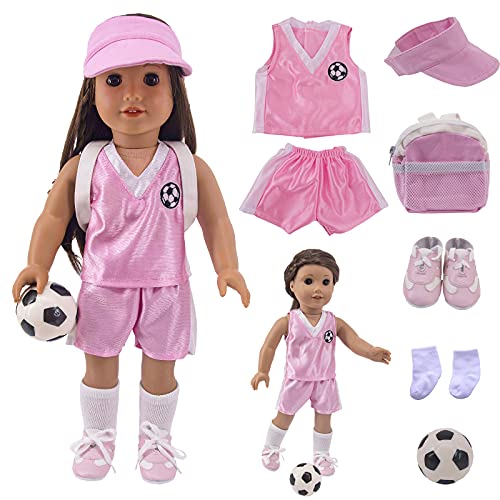 ZWSISU 7 PCS 18 Inch Doll Clothes Fashion Doll Accessories Including Clothes, Shoes, Socks, Hat, Backpack, and a Ball for 18 Inch American Doll&43CM Reborn Baby New Born Doll (Pink) Not Include Doll