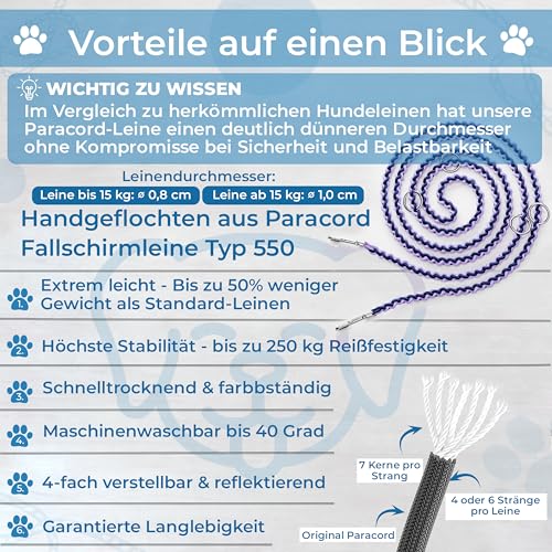 Testnote: Sehr gut - Hundeleine reflektierend I 2m, verstellbar, wetterfest & reißfest bis 250 kg I Paracord Führleine, Umhängeleine I kleine - große Hunde