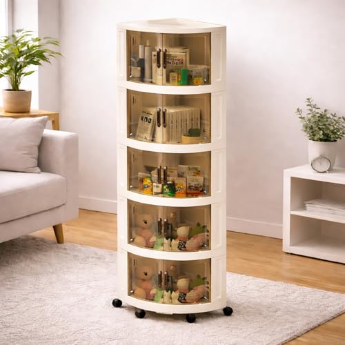 Image of House of Quirk Foldable Triangular Storage Cabinet with Wheels | Space Saving Corner Organizer | Portable Large Capacity Plastic Storage Box for Kitchen, Bathroom, Bedroom (5 Layer, Cream)