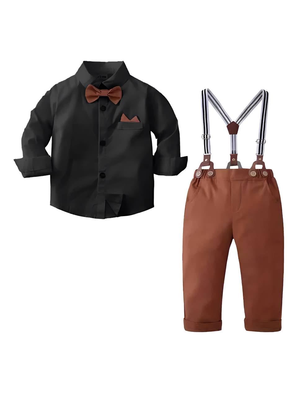 FROQUILIZ Cotton Blend Classic Suspender Set For Baby Boy | Regular Fit & Stylish With Cap & Pocket | 2-Piece Full Sleeve Outfit | Comfortable & Ideal For Summers, Outings & Events - Black (3 Years) 2