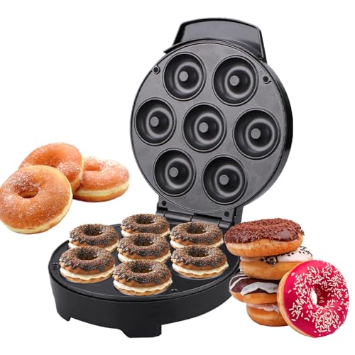 Mini máquina de donuts | 7 cavidades antiadherentes con indicador luminoso | Hacer donuts en miniatura, gofres y tortas | Para casa, cocina, oficina, restaurante, café, desayuno, postre