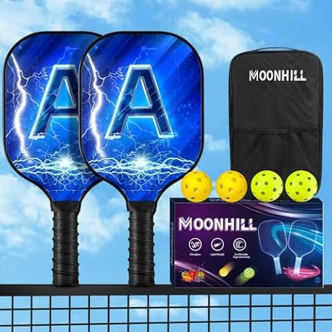 MOONHILL Pickleball Paddles for Men, Initial Pickleball Paddles Sets of 2 with 2 Letter A Pickleball Paddles,4 Pickleball Balls,Portable Bag,Birthday Gifts for Women, Blue Paddles Cover