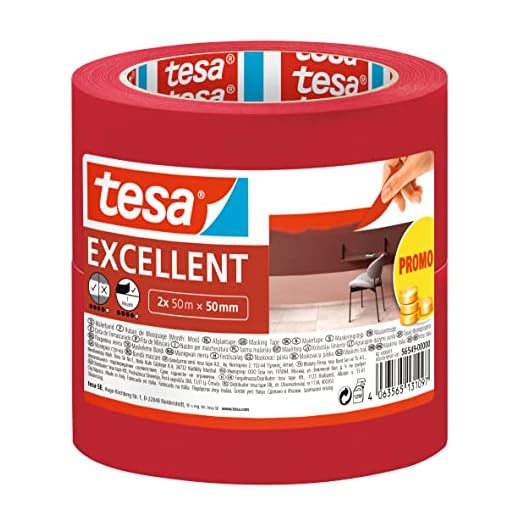 tesa Cinta de Pintar Excellent - Cinta de Carrocero con Soporte de Papel Fino para Enmascarar Trabajos de Pintura en Interiores - Todo tipo de Pinturas y Barnices - 2x 50 m x 50 mm