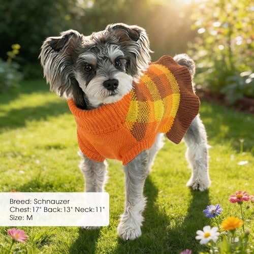Image of Dog Sweater Dress Plaid Knitwear for Small Medium Dogs Warm Puppy Pet Turtleneck Stretch Pullover Cute Fall Winter Vest Clothes with Leash Hole for Christmas (Orange, XS)