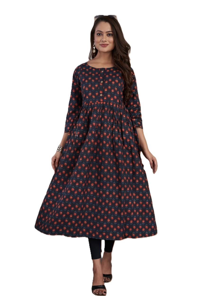 ruvii Women's Cotton Maternity Kurti, Navy Blue and Grey Floral Print, 3/4 Sleeve A-Line Anarkali Style Dress, Round Neck, Midi Length, Casual Wear-picture-12