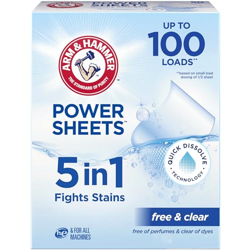ARM & HAMMER 5-in-1 Power Sheets Laundry Detergent, Free & Clear, 50 Count, up to 100 Small Loads