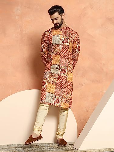 Image of KISAH Men's Navy Blue Printed Cotton Kurta - Regular Fit Long Tunic with Mandarin Collar | Ethnic Wear for Weddings & Festive Occasions