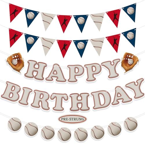 Image of Pre-Strung Baseball Happy Birthday Banner, Baseball Themed Birthday Party Decorations Hanging Banner, Sports Party Decorations Supplies