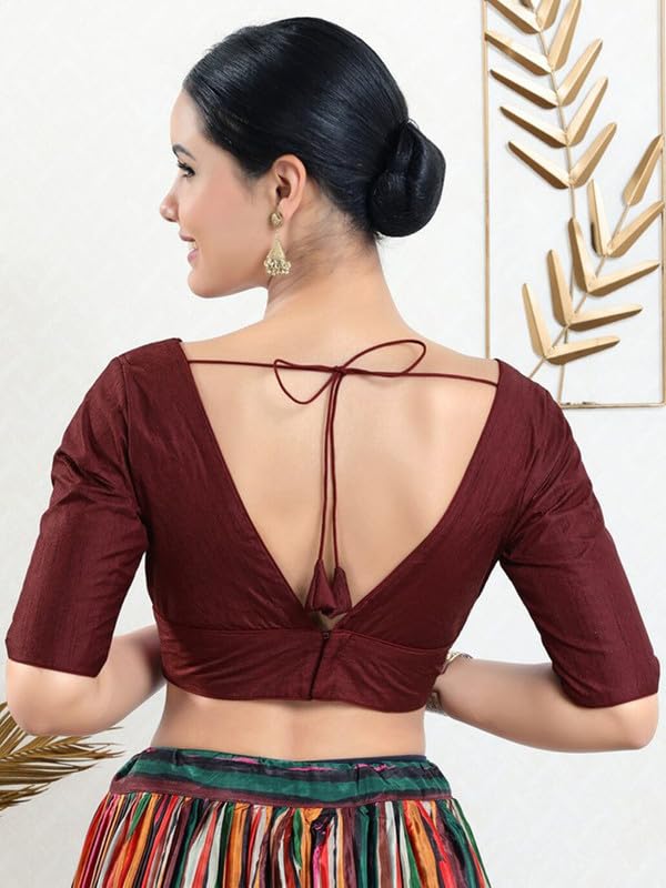 Image of Dupion Silk Solid Non Padded Saree Blouse Top V-Neck Short Sleeves Hook and Eye Closure and Tie-Up Back Choli