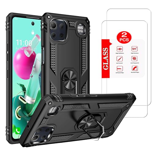 Anvzle for LG K92 5G Case with [2 Pack] Tempered Glass Screen Protector, for LG K92 5G Heavy Duty [Military-Grade] Protective，with Magnetic Kickstand Ring Car Mount Case Black