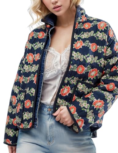 Wyeysyt Women's Cropped Puffer Jacket Lightweight Floral Print Long Sleeve Padded Quilted Puffy Cardigan Coat (Navy-L)