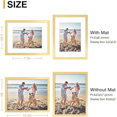 decorUhome 8.5 by 11 Picture Frame, Display Pictures 6x8 with Mat or 8.5x11 without Mat, Wall & Tabletop Display Certificate Frame, Gold, 1 Pack