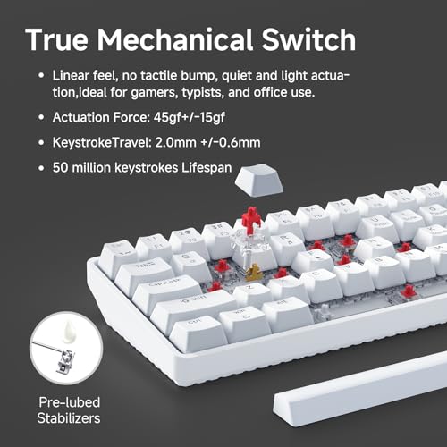 TMKB 60% Mechanical Gaming Keyboard, Red Linear Switch, LED Backlight, Anti-Ghosting, Detachable USB-C, Double-Shot Keycaps, 61 Keys, Wired, White - Image 4