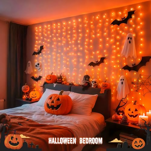 Image of JMEXSUSS Orange Curtain Lights for Halloween, USB Plug in, 200 LED | Remote Control, Halloween Curtain String Lights, 8 Modes Orange Hanging Window Lights for Bedroom Party Indoor Outdoor Decor