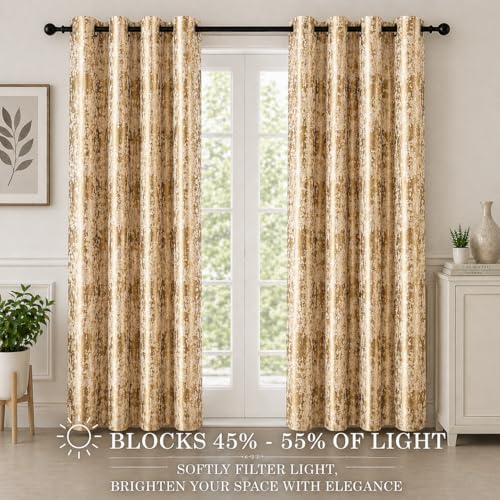 Image of HUTI Home Room Darkening Door Curtain for Home | Heavy Polyester Knitted Jacquard Look Eyelet Curtain | Texture Print | Gold | 7 Feet (120 x 213 cm) | Set of 2