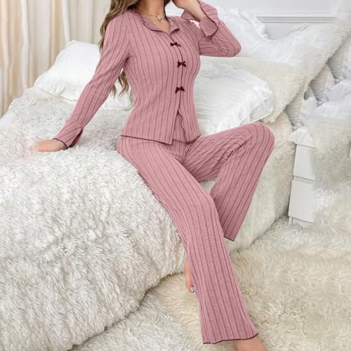 Women's Soft Knit Pajamas Set V Neck Top and Pants Long Sleeve Two Piece Loungewear Elegant Slim Fit Sleepwear3
