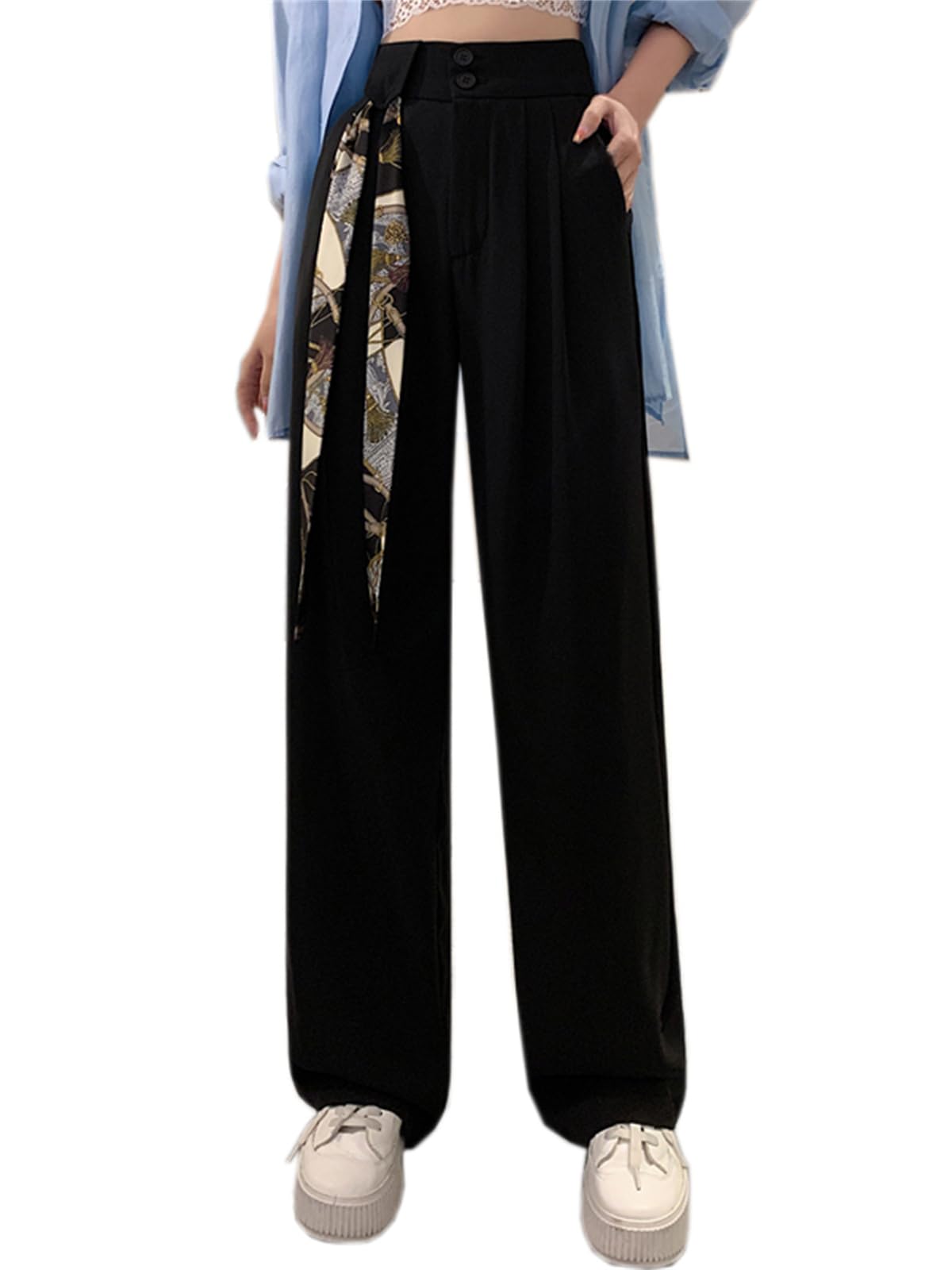 Betusline Womens Casual High Waisted Wide Leg Dress Pants with Fashion Ribbon