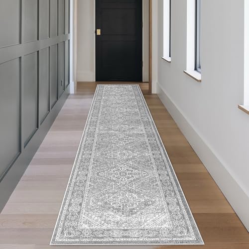 KUTA Oriental Washable Runner Rug, 2x12 Grey Runners for Hallways Non-Slip Kitchen Rugs Ultra Soft Printed Distressed Floor Carpet for Bedroom Living Room Nursery Playroom