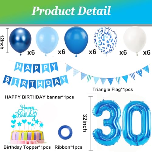 Miniatura 4 de Decoración Cumpleaños 30 Años Azul Para Hombre Y Mujer, Globos Y Accesorios Para Fiesta