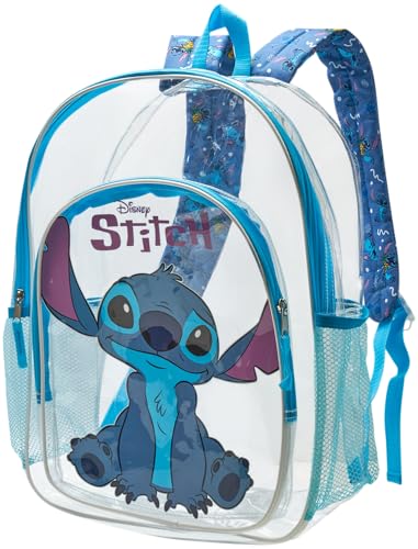 Fast Forward Stitch Backpack - Water Resistant Clear Backpack for Kids School Bag with Padded Straps and Side Pockets Size One Size Light Blue Stitch