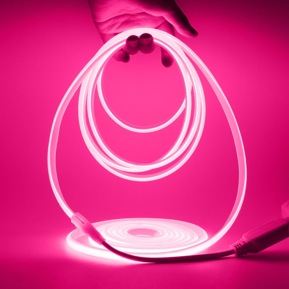 HEGEHE Dimmable COB Neon Light Strip with 220V Dimmer Switch, Cut to 50cm, 288LED/m Flexible and Waterproof Silica Gel Rope Light(5m, Pink)