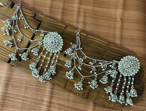 Silver Polish Bahubali with Kaan Chain Earrings Ethnic Bollywood Jewelry Traditional Bahubali Indian Partywear Jhumka Chandbali Wedding Earrings3