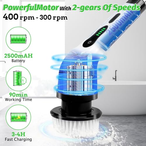 Image of Electric Spin Scrubber, Cordless Cleaning Brush Waterproof with 9 Replaceable Brush Heads, 1.5H Power Dual Speed, 2024 New Shower Scrubber with Extension Handle for Bathroom Tub Tile Floor Car