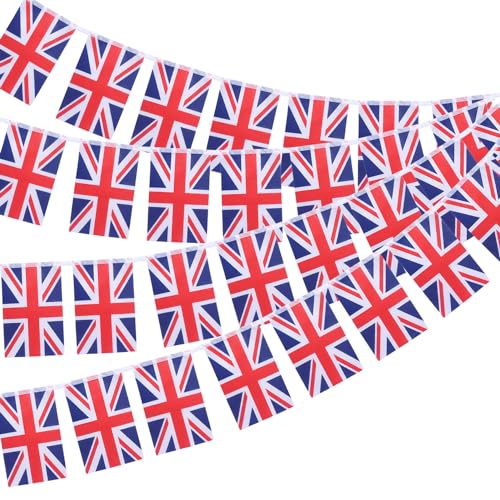 Union Jack Bunting Flag 30pcs British Banners King Charles Coronation Decorations British Bunting Flag for Coronation Street Party Decorations (14 x 21 cm - 10m)
