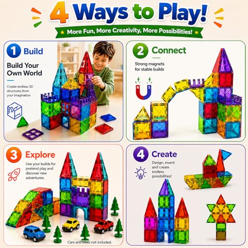 Image of LATI 130-Piece Magnetic Tiles Building Toy Large Set for Kids,Magnetic Building Blocks Construction Set,Open-Ended Play STEM Educational Toy,Compatible with Other Brands,Gift for Boys & Girls Ages 3-8