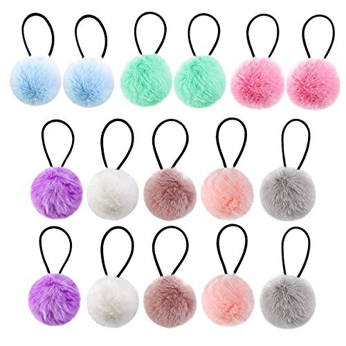 Faxco 16 Pcs Pom Pom Hair Band, Colorful Pom Pom Ball Hair Ties, Elastic Ponytail Holders, Cute Seamless Hair Ropes