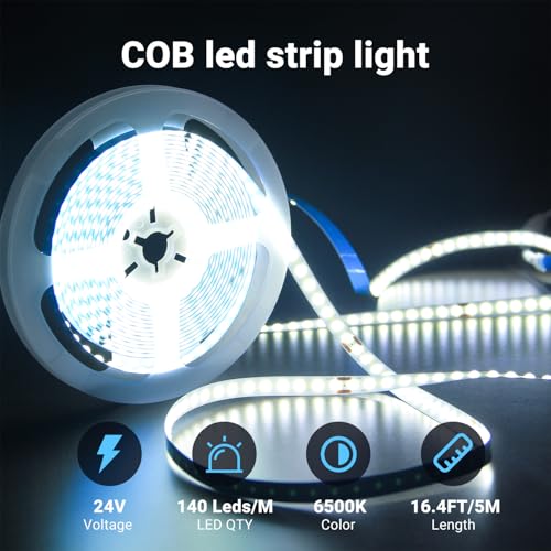 Image of DAYBETTER COB LED Strip Light Daylight White, 32.8 ft Dimmable 6500K Super Bright White Led Lights, 24V Flexible LED Tape Light for Bedroom, Kitchen, DIY Lighting