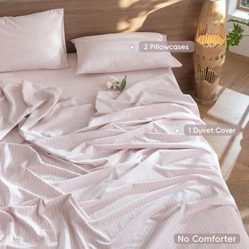 Image of MooMee Striped Duvet Cover Set 100% Washed Cotton Linen Like Oversized King | Relaxed Linen-like Texture. Soft, Breathable & Long-lasting Comfort. Lightweight. Hidden Zipper with 8 Interior Corner Ties
