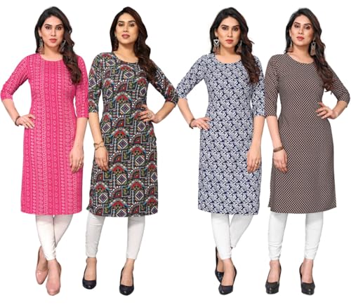Image of JAKHANA Women's Crepe Printed Casual Straight Calf Length Round Nick Kurta Pack of 4