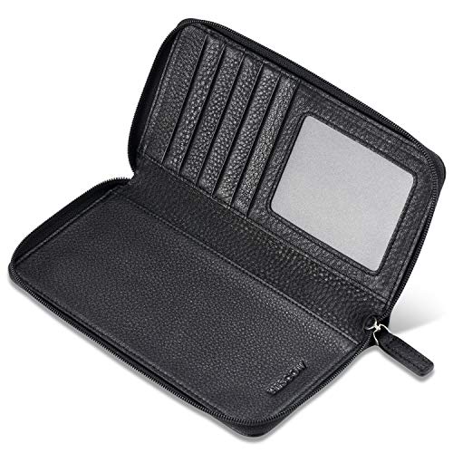Image of HISCOW Leather Checkbook Cover, Zippered Wallet, Pebbled Black | Full grain cowhide, 5cc & ID window, personal check book & register pockets, removable duplicate divider, women secure zipper
