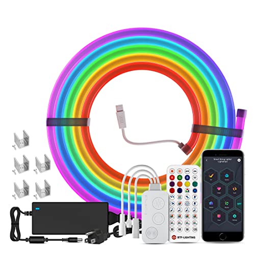 SEZO WS2811 RGBIC LED Neon Lights 16.4ft/5m 84LEDs/m Waterproof Addressable Strip Dream Color Silicone Rope Lights for Gaming Indoor Outdoor Decor with Controller, 24V Power Supply