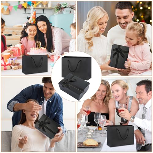 Geschenkbox mit Deckel, 22,5 x 16 x 8,5cm Schwarze Geschenkbox Geburtstag, Geschenkverpackung mit Grußkarte, Lichterkette, Bast und Tragetasche, Geschenkkarton für Hochzeit, Geburtstag