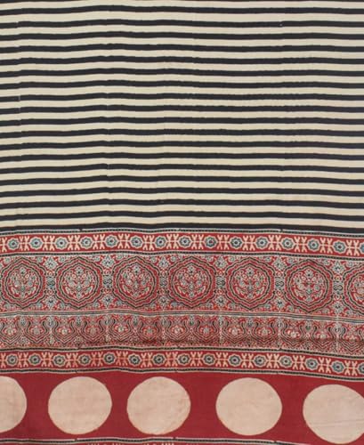 Image of Ethnics of Kutch Womens Ajrakh Modal Silk Natural Dye Golden Border Hand Block Print Saree with Blouse Piece - 5.5 Mtr Length (Black 03501A)